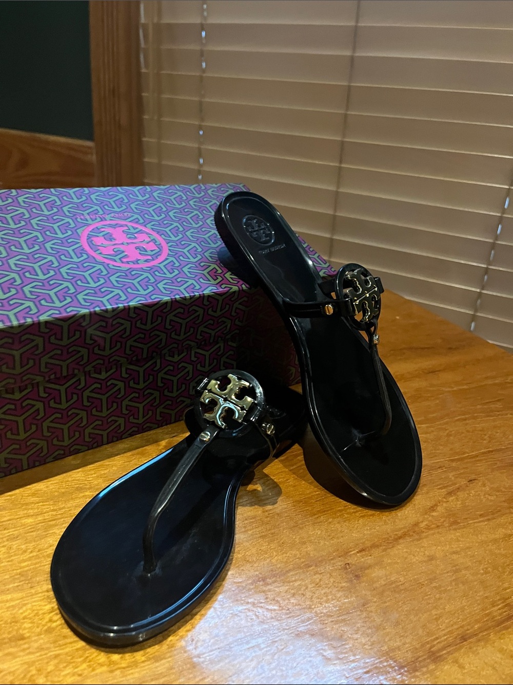 NWT and box Tory Burch Black Jelly Thong Sandals with Gold Logo Accent